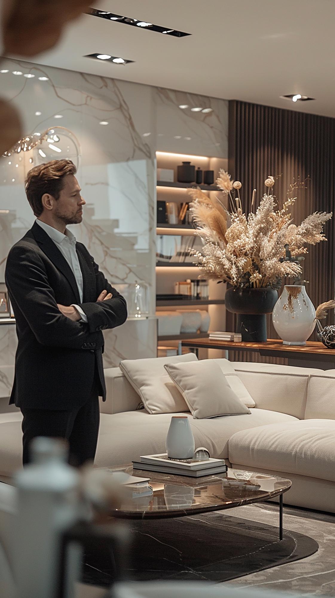 agent imobiliar discutând cu proprietarul într-un living modern